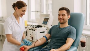 Pessoa saudável sorrindo enquanto doa sangue em um hemocentro, representando a importância da doação voluntária durante a campanha Junho Vermelho.