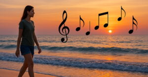 Mulher caminha descalça pela praia ao pôr do sol com notas musicais flutuando sobre o mar