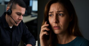 Mulher com medo ao telefone e policial atento registrando chamado