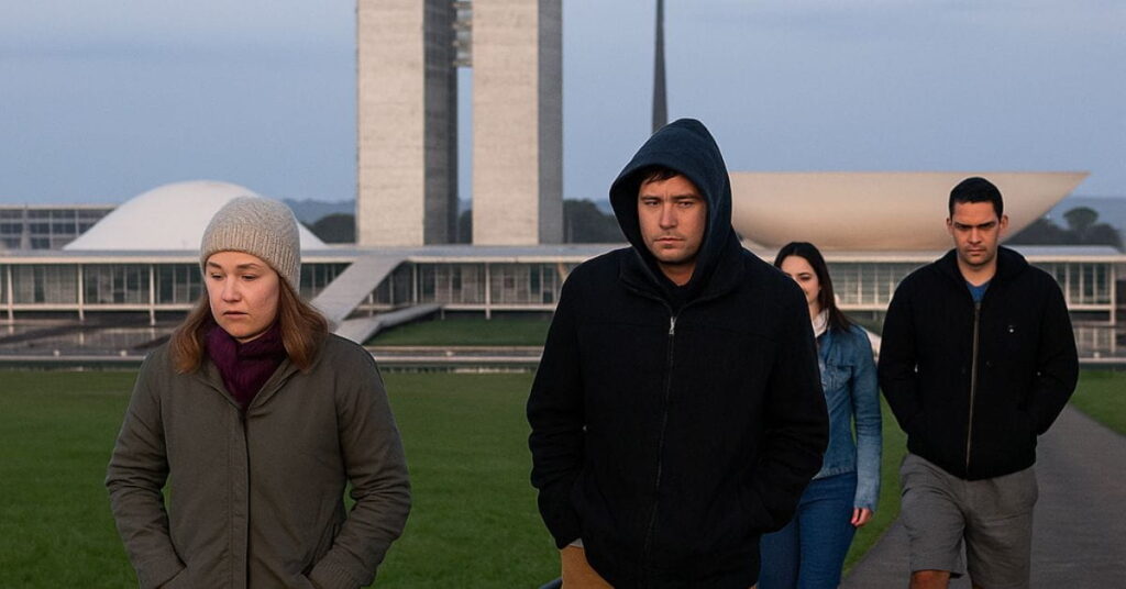 Pessoas enfrentam a temperatura mais baixa do ano em Brasília, vestidas com roupas de frio diante do Congresso Nacional