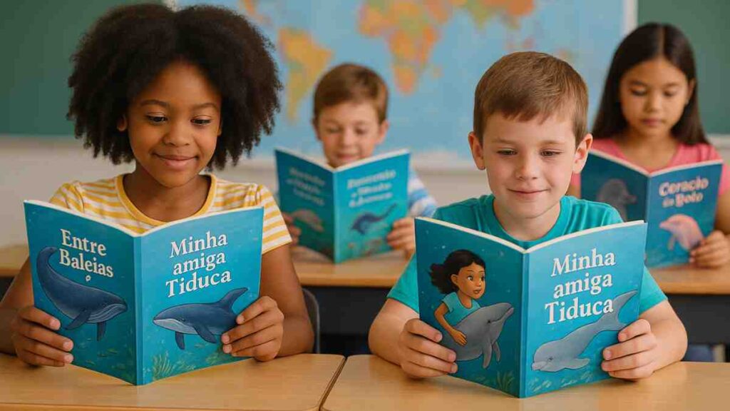 Crianças aprendendo com livros infantis sobre baleias e golfinhos.