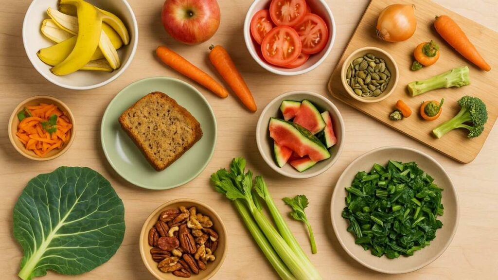 Mesa com alimentos aproveitados integralmente como exemplo de como evitar o desperdício de comida