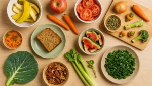 Mesa com alimentos aproveitados integralmente como exemplo de como evitar o desperdício de comida