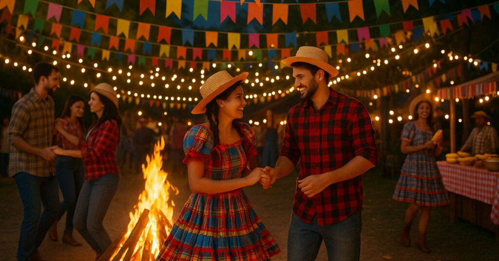Casal dança quadrilha em festa junina com fogueira, bandeirinhas coloridas e barraquinhas de comidas típicas ao fundo