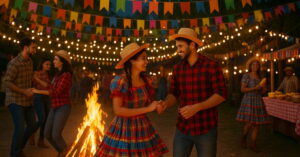 Casal dança quadrilha em festa junina com fogueira, bandeirinhas coloridas e barraquinhas de comidas típicas ao fundo