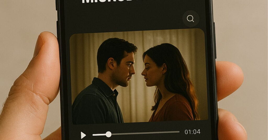 Pessoa assiste a microdramas no celular com cena romântica em exibição