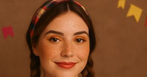 Jovem com maquiagem com sardas para festas juninas, usando tranças, sombra colorida e blusa xadrez, com bandeirinhas no fundo