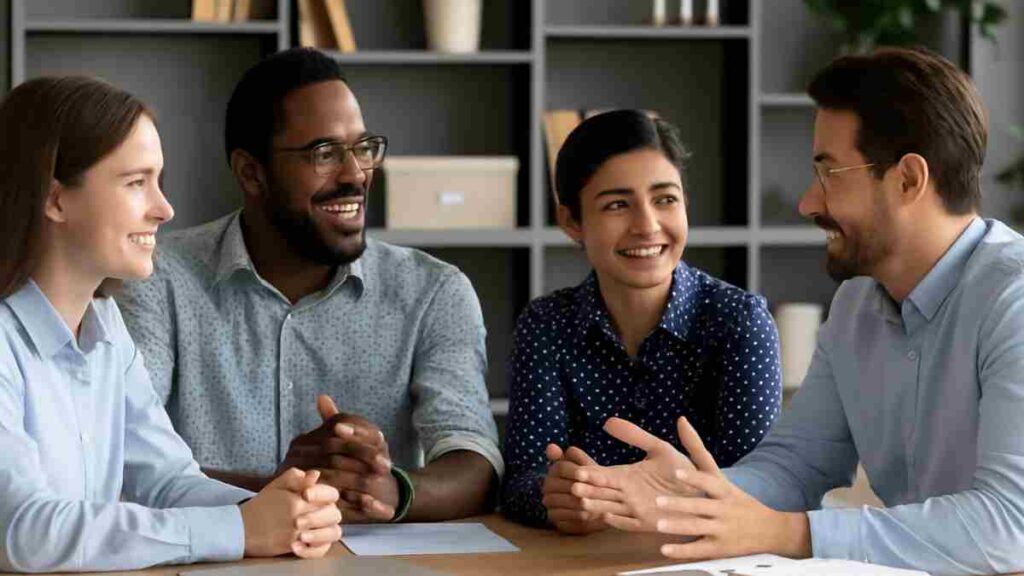 Equipe em reunião representando soft skills profissionais.