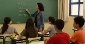 Sala de aula com alunos adultos aprendendo a ler enquanto professora escreve palavras em português na lousa
