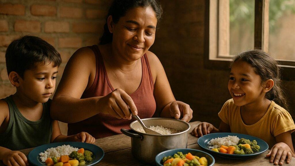 saída do Brasil do Mapa da Fome da ONU em 2025: Mãe e filhos durante refeição representam a saída do Brasil do Mapa da Fome da ONU em 2025.