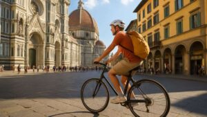 Cidade italiana veta carros e ciclista pedala em frente à catedral de Florença em área livre de automóveis.