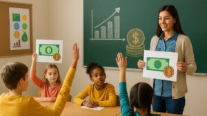 Futuro da educação financeira sendo ensinado para crianças em sala de aula