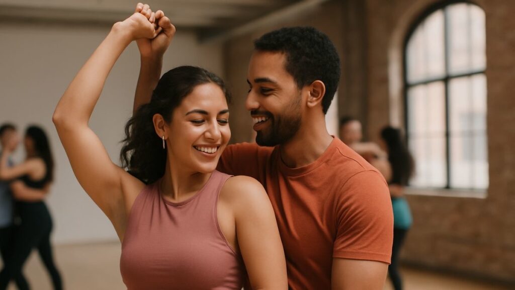 Casal dançando ritmo latino representa os impactos da dança no cérebro.