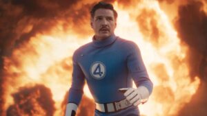 Pedro Pascal na Marvel aparece como Senhor Fantástico em “Quarteto Fantástico: Primeiros Passos”, com visual retrô e emoção dramática.