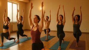 Prática de Hot Yoga fortalece corpo e mente em ambiente aquecido.