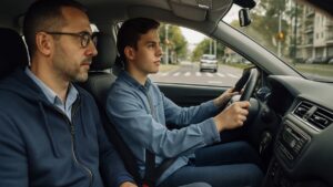 fim de autoescolas para obtenção da CNH- Candidato ao volante sob supervisão de instrutor durante exame prático, retratando o debate sobre o fim de autoescolas para obtenção da CNH.