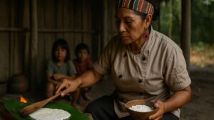 pratos indígenas sendo preparados por mulher indígena em aldeia