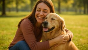 Mulher abraça seu cachorro como filho em momento de afeto e conexão ao ar livre