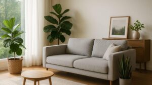 Espaço interno iluminado por luz natural, com plantas e madeira, inspirado no conceito de biofilia.