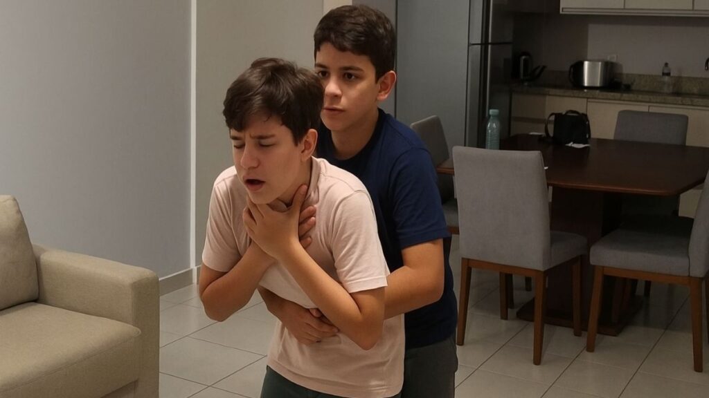 Dois adolescentes em uma sala, com um aplicando a Manobra de Heimlich no outro, representando um caso real de salvamento por engasgo.