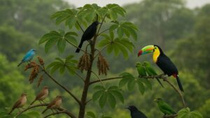 A árvore que atrai pássaros, como a embaúba, oferece alimento e abrigo para aves e contribui na regeneração das florestas nativas.