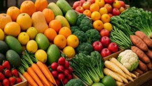 frutas e legumes de agosto frescos expostos em uma feira livre