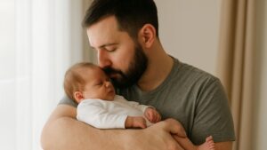 Pai segurando bebê durante licença paternidade