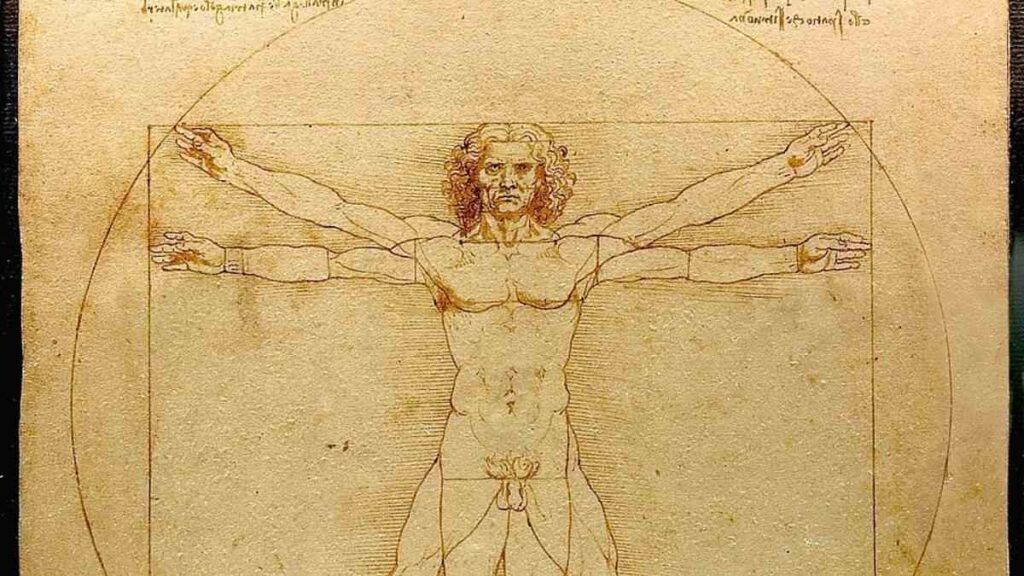 O Homem Vitruviano de Leonardo da Vinci, desenho renascentista que simboliza a busca por proporções ideais do corpo humano, relacionado ao mistério do Homem Vitruviano.