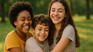 Três irmãos sorridentes se abraçam em um parque ensolarado, simbolizando amizade, união e fraternidade no Dia do Irmão 2025.