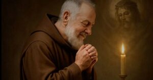 Padre Pio em oração diante da luz, símbolo de fé e milagres