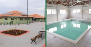 Área externa e piscina terapêutica do novo Condomínio do Idoso no Paraná, com espaços voltados ao lazer e bem-estar da terceira idade.