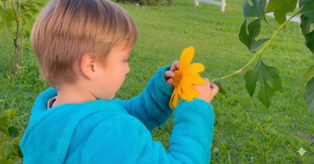 criança observa uma flor amarela no Santuário das Mães, no Rio Grande do Sul, durante o Dia das Crianças