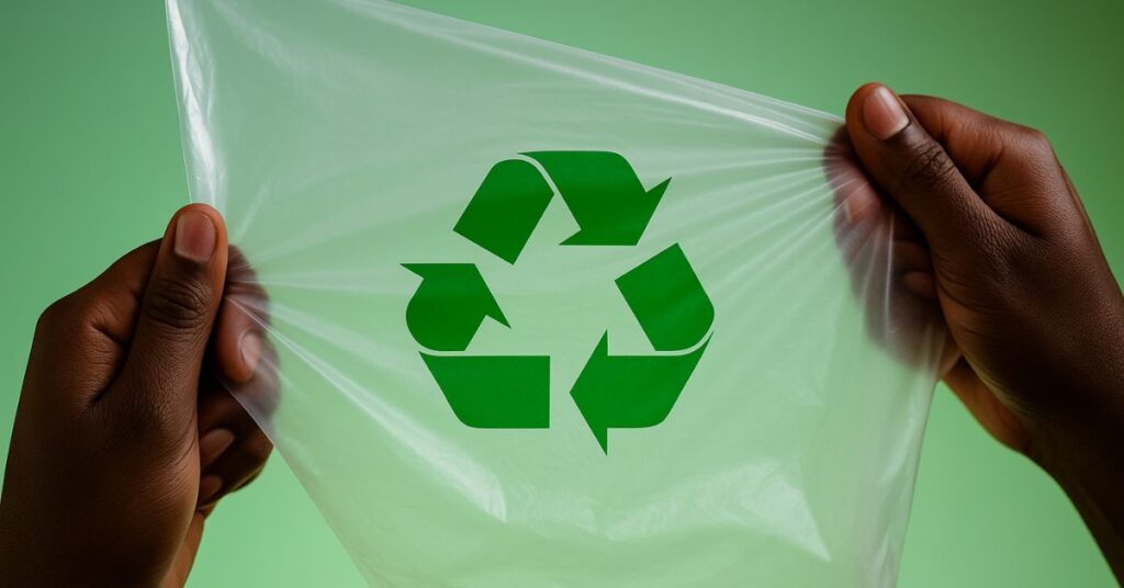Mãos negras segurando plástico biodegradável, representando empresas de bioplásticos no Brasil.