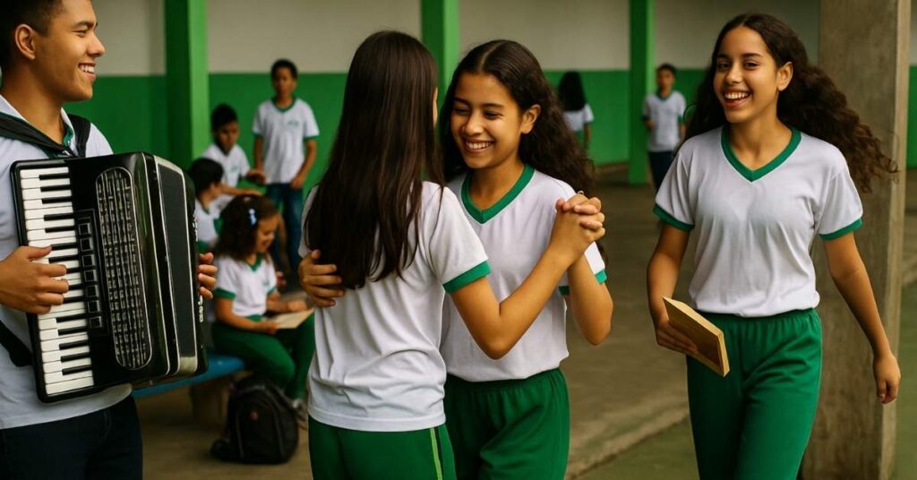 Alunos em escola sem celular dançando forró e lendo livros durante o recreio