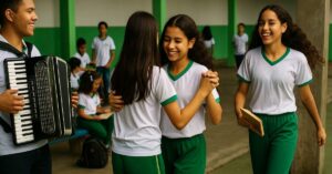 Alunos em escola sem celular dançando forró e lendo livros durante o recreio