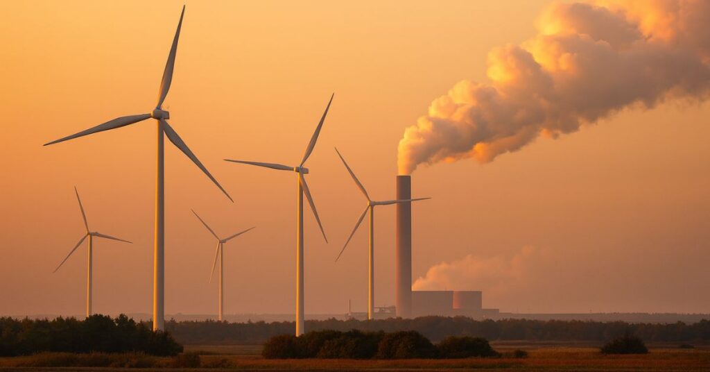 Paisagem com turbinas eólicas e usina a carvão ao fundo simboliza como a energia limpa supera o carvão na geração mundial.