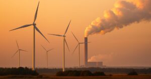 Paisagem com turbinas eólicas e usina a carvão ao fundo simboliza como a energia limpa supera o carvão na geração mundial.