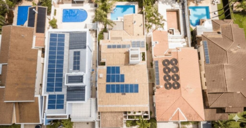 Telhados de casas com painéis solares em bairro residencial, representando o avanço da energia solar em cidades brasileiras.