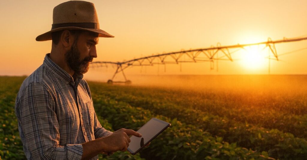 agricultor usa tablet com sistema de irrigação automatizado no campo brasileiro. - inteligência artificial no agronegócio