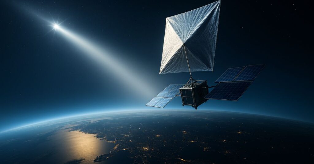 satélite refletindo luz do sol à noite sobre a Terra