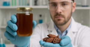 Pesquisador segura frasco de mel e cascas de cacau em laboratório da Unicamp.