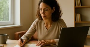 Profissional organiza microturnos de trabalho em casa, com luz natural e ambiente tranquilo.