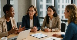 Mulheres líderes discutem estratégias de inovação em ambiente corporativo moderno.