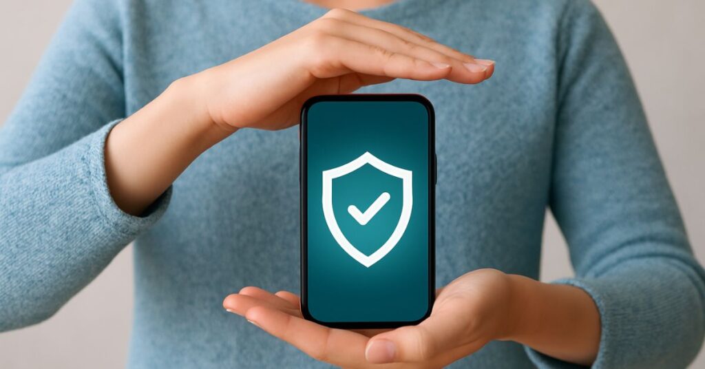 Mulher segura celular com ícone de proteção na tela, simbolizando segurança contra violência digital contra a mulher.