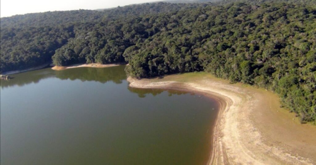 Vista aérea da Mata Atlântica em Cotia com lago e floresta preservada.