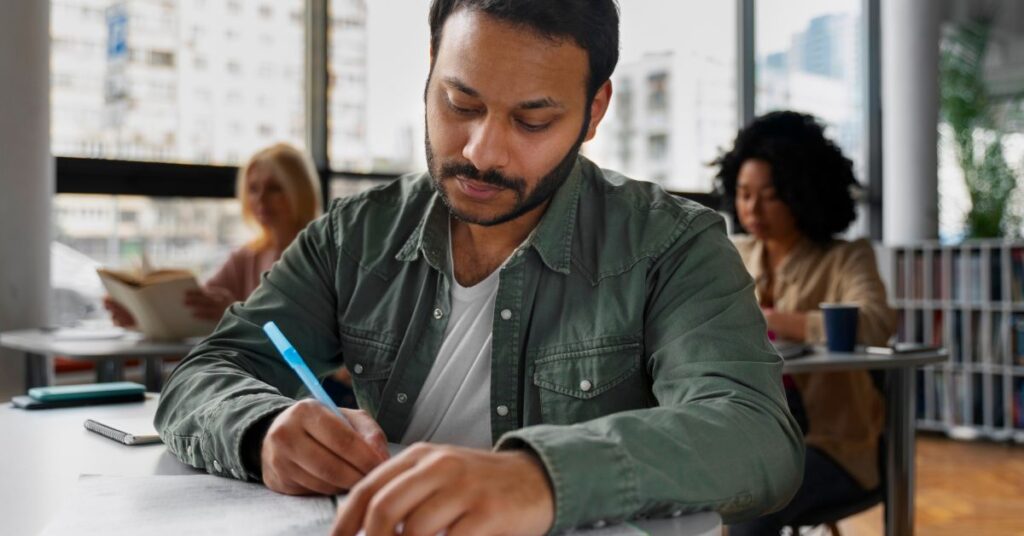 Homem estudando para concursos públicos em 2026 em ambiente coletivo de preparação