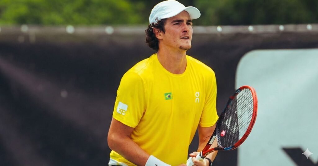 João Fonseca no tênis em treino com camisa amarela durante preparação