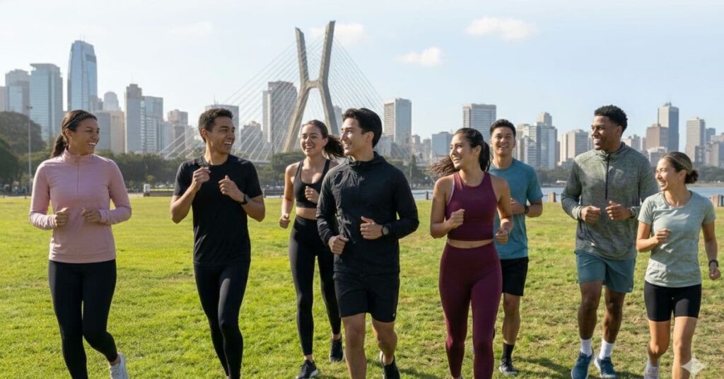 Jovens correndo em grupo em São Paulo, simbolizando as tendências do Relatório do Strava sobre vida ativa em 2025.