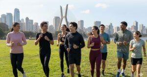 Jovens correndo em grupo em São Paulo, simbolizando as tendências do Relatório do Strava sobre vida ativa em 2025.