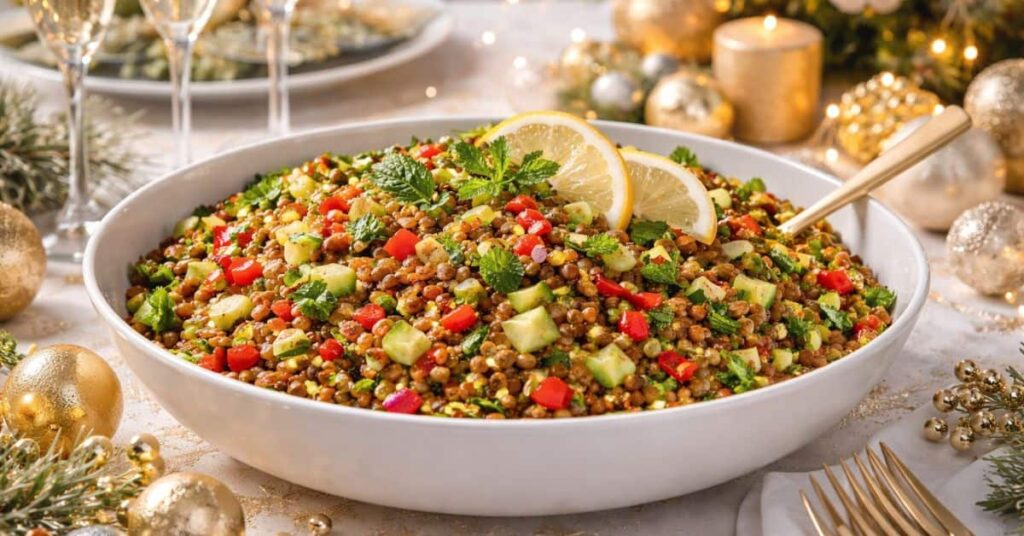 Tabule de lentilha no Ano-Novo servido em mesa de réveillon decorada